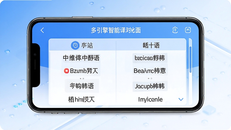 岑序翻译站多引擎智能翻译界面展示,手机屏幕中显示中英日韩多语种翻译对比结果,背景为简洁的蓝白渐变色调,突出翻译工具的科技感与实用性