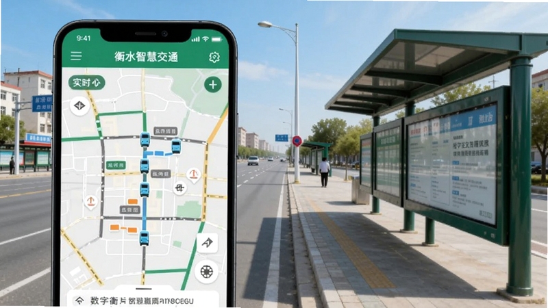 数字衡水智慧交通功能展示,手机界面显示实时公交地图与车辆位置标记,背景为衡水市区街道与公交站台场景,色调清新明快,适配Boogu模型生成
