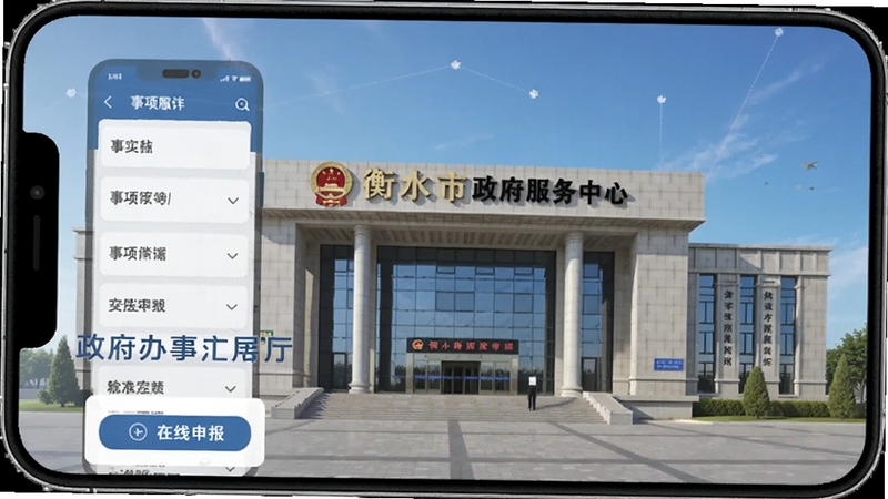 数字衡水政务办事大厅功能界面,手机屏幕显示事项列表与在线申报按钮,背景为衡水市政务服务中心大楼外观,色调正式庄重,适配Boogu模型生成