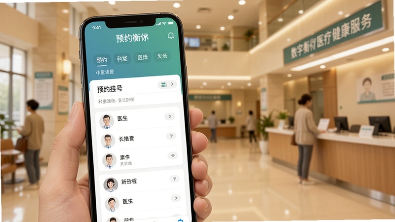 数字衡水医疗健康服务界面,手机屏幕显示预约挂号科室选择与医生列表,背景为医院门诊大厅环境,色调柔和温暖,适配Boogu模型生成