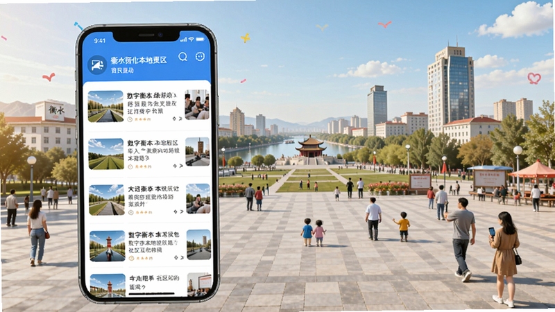数字衡水本地资讯与社区互动界面,手机屏幕显示新闻列表与市民留言板块,背景为衡水市城市风光与市民广场,色调明亮活泼,适配Boogu模型生成