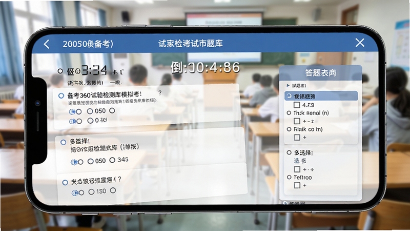 备考360试验检测题库模拟考试界面,手机横屏显示倒计时与答题卡,屏幕中呈现单选题与多选题混合排布,背景为虚化的考场教室场景,突出正式考试氛围