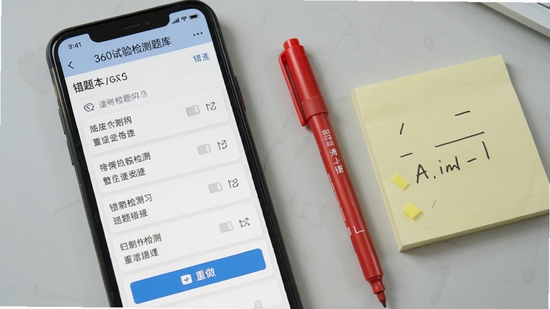 备考360试验检测题库错题本页面,手机屏幕显示错题列表与重做按钮,旁边有红色标记笔和便签纸,背景为淡灰色桌面,体现整理归纳的学习习惯