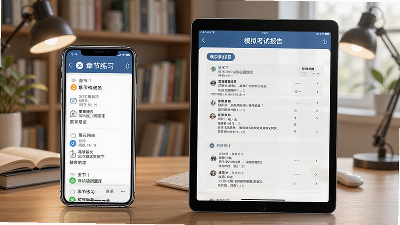 备考360试验检测题库在手机与平板上的双端展示,左侧手机显示章节练习,右侧平板显示模拟考试报告,背景为书房环境,突出多设备适配与学习数据同步