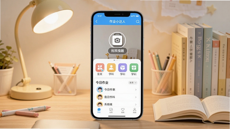 作业小达人软件主界面全貌展示,画面中央是手机屏幕,屏幕内显示作业小达人APP的首页,包含拍照搜题按钮、学科分类图标和今日作业列表,背景是温馨的书桌场景,有台灯和书本,整体色调明亮清新,适配Boogu模型生成