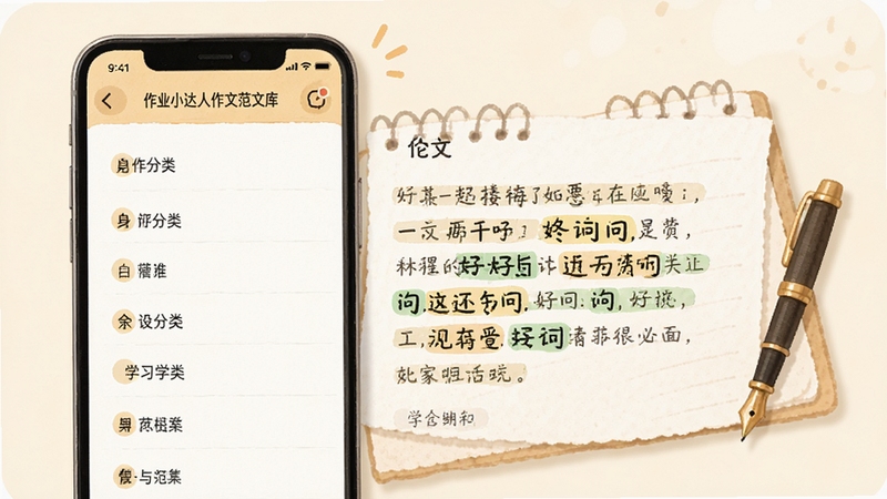 作业小达人作文范文库界面,手机屏幕显示作文分类列表和一篇打开的范文,范文中有好词好句的高亮标注,旁边有笔记本和钢笔的插画元素,背景是柔和的米黄色,营造学习氛围