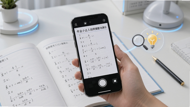 作业小达人拍照搜题功能演示图,画面中一只手拿着手机对着数学练习册拍照,手机屏幕上显示识别出的题目和详细的解题步骤,旁边有放大镜和灯泡图标象征智能解析,背景是干净的书桌,风格简洁科技感