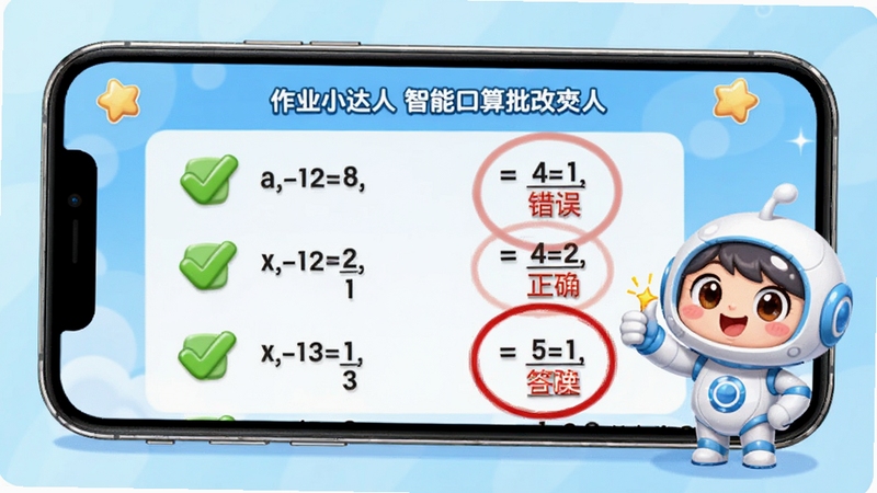 作业小达人智能口算批改界面,手机屏幕显示一页口算题,正确的题目打勾,错误的题目用红圈标出并显示正确答案,画面中有卡通小助手形象在旁边点赞,背景是浅蓝色渐变,整体风格活泼可爱