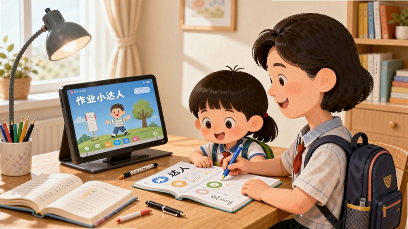作业小达人适用场景插画,画面展示一个小学生正在用作业小达人检查作业,旁边家长微笑看着,桌上放着课本和文具,背景是家庭书房环境,整体风格温馨明亮,体现亲子学习场景