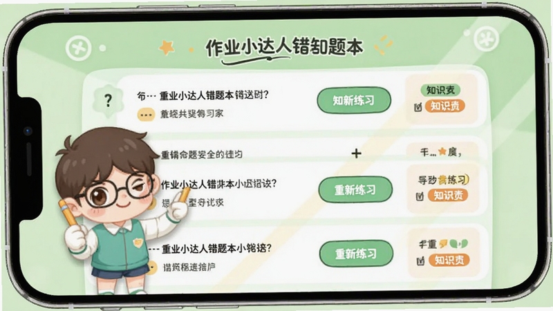 作业小达人错题本功能界面,手机屏幕显示错题列表,每道题旁边有重新练习按钮和知识点标签,画面中有整理错题的卡通形象,背景是浅绿色,整体风格清爽