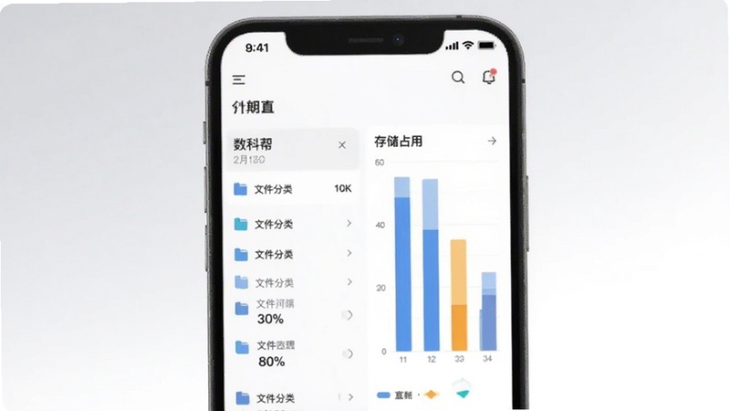 数科帮文件管理界面,手机屏幕显示文件分类列表与存储占用条形图,画面主体位于屏幕中央偏上,背景为浅灰色到白色的渐变,整体风格简约商务,适配Boogu模型生成