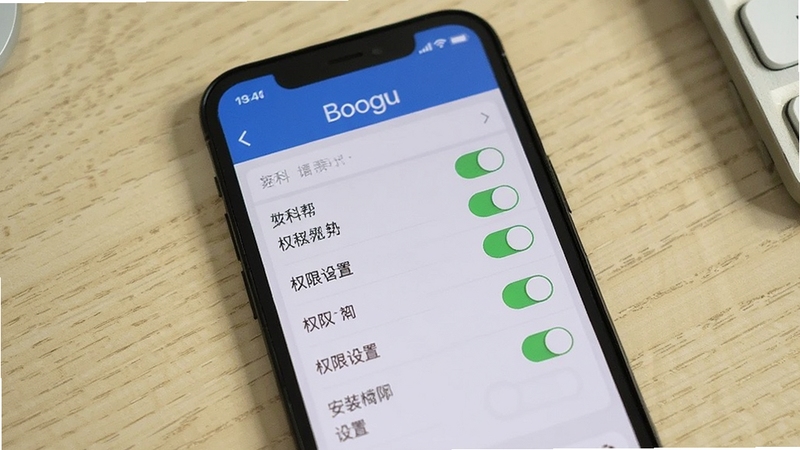 数科帮安装权限设置示意图,手机屏幕显示权限管理界面,画面主体为权限开关列表,背景为浅色木纹桌面与手机机身局部,整体风格生活化,适配Boogu模型生成