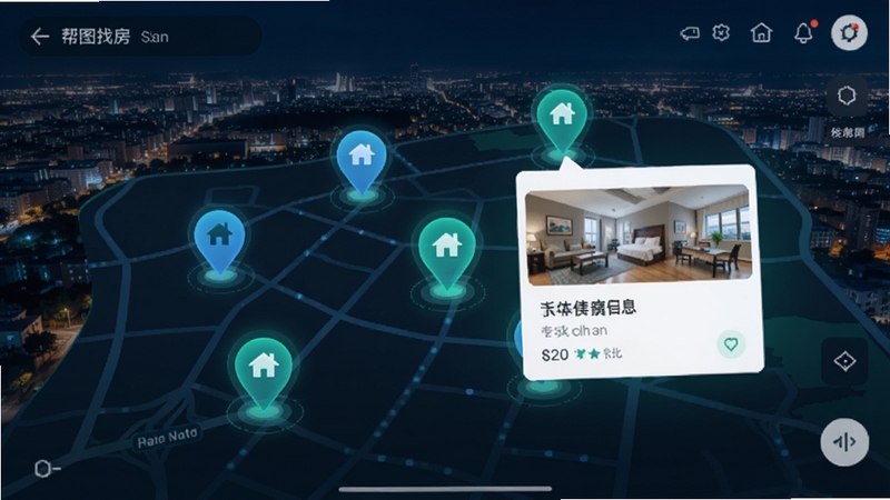 帮帮找房软件内地图找房界面,城市夜景背景,地图上分布着多个发光的房源定位图标,点击图标弹出简约房源信息卡片,整体风格现代科技感,蓝绿色调,高清UI展示