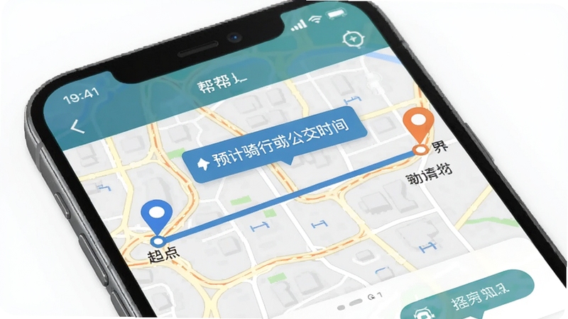 帮帮找房通勤计算功能展示,手机地图上显示起点与终点连线,标注预计骑行或公交时间,背景是城市交通路网简图,界面清晰易读