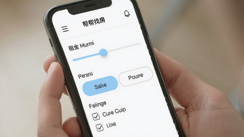帮帮找房软件筛选界面,手机屏幕显示租金滑块、房型选择按钮、区域勾选项,界面干净整洁,白色背景配淡蓝色高亮选中状态,手持手机特写