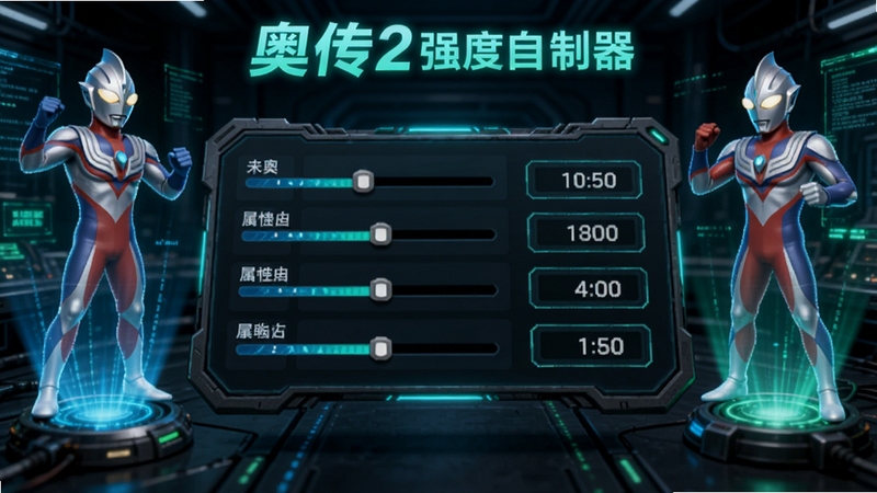奥传2强度自制器功能面板特写,画面中央显示多个属性调节滑杆与数值显示框,周围有奥特曼角色全息投影环绕,背景为深色实验室风格,蓝绿色数据流光效,突出科技感与操作便捷性,软件名称以发光字体呈现。