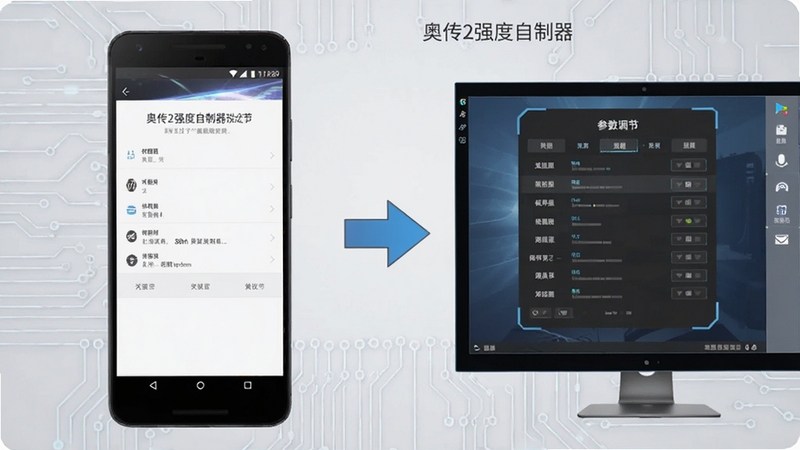 奥传2强度自制器在手机与电脑模拟器上运行的对比示意图,左侧为安卓手机界面展示权限设置页面,右侧为电脑模拟器界面展示参数调节面板,中间以箭头连接,背景为浅灰色科技纹理,整体风格简洁明了,突出跨平台使用场景。