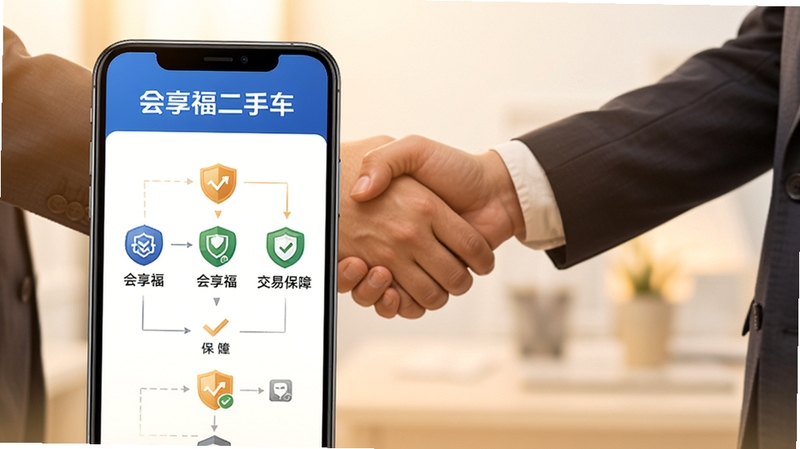 会享福二手车 交易保障页面展示,手机屏幕呈现安全交易流程图与保障标识,背景为握手合作场景,画面温暖可信,强调会享福二手车交易安全保障