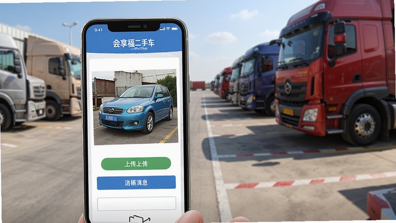 会享福二手车 卖车发布界面,手机屏幕显示车辆照片上传与信息填写表单,背景为卡车停车场,画面明亮真实,突出会享福二手车卖车功能的易用性