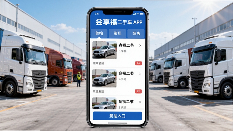 会享福二手车 APP 首页界面展示,画面中心为手机屏幕内呈现的车辆列表与竞拍入口,背景为物流园区与卡车停放场景,整体色调明亮商务,突出会享福二手车品牌标识