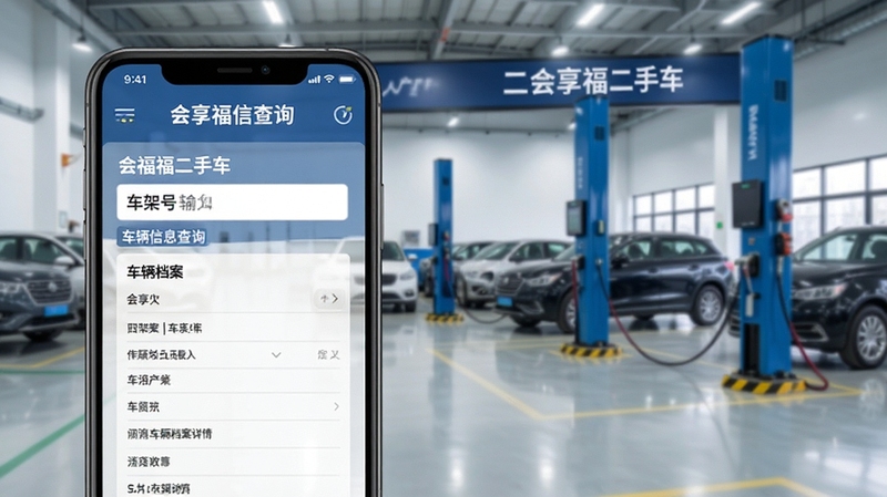 会享福二手车 车辆信息查询页面展示,手机屏幕呈现车架号输入框与车辆档案详情,背景为检测站场景,画面清晰专业,体现会享福二手车信息查询的便捷性