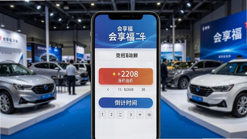 会享福二手车 竞拍出价界面,手机屏幕显示当前出价金额与倒计时,背景为卡车展厅,画面紧张有序,突出会享福二手车竞拍氛围