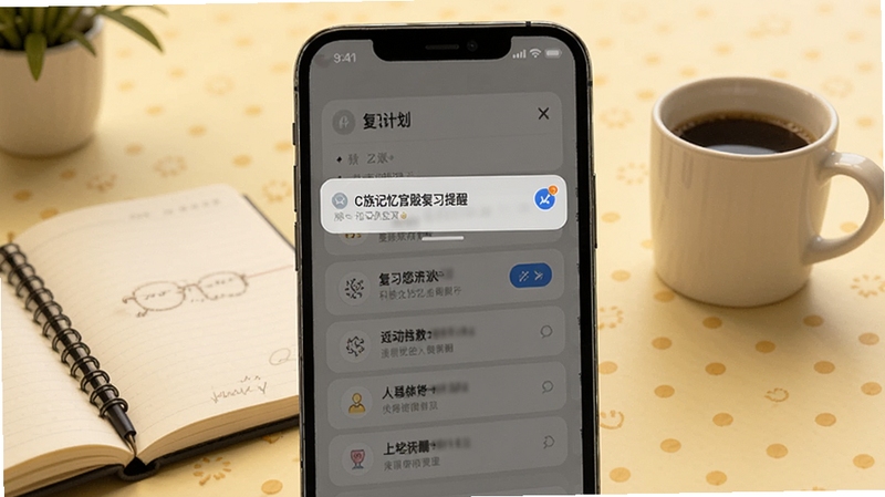 C族记忆宫殿复习提醒功能界面,画面主体为手机弹出通知与复习计划列表,背景为淡黄色温馨色调,桌面摆放着笔记本和咖啡杯,整体氛围安静专注,体现C族记忆宫殿帮助用户科学复习的场景