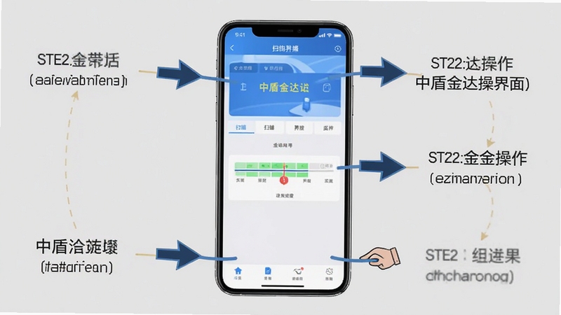中盾金达操作界面步骤引导图,画面为手机屏幕展示软件主界面和扫描进度条,界面简洁清晰,背景为浅灰色,手机周围有箭头指示操作步骤,整体风格直观易懂