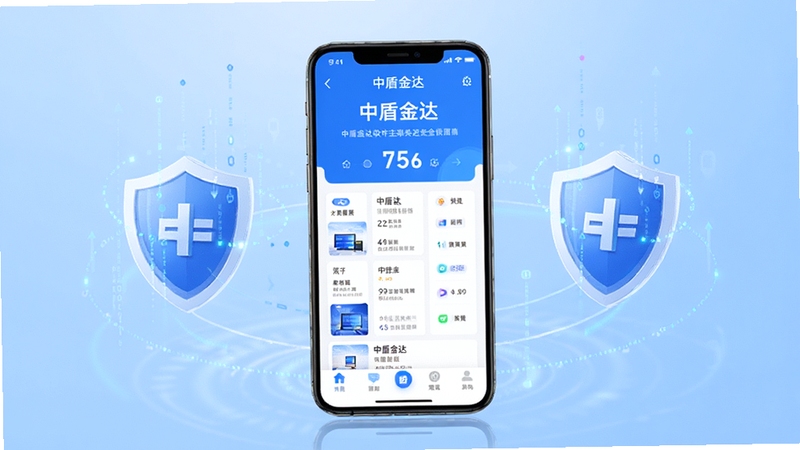 中盾金达软件主界面全貌展示,画面中央为手机屏幕,屏幕内呈现中盾金达应用首页,背景为浅蓝色渐变科技风格,周围环绕盾牌与数据流元素,整体色调以蓝白为主,画面简洁大气,适配Boogu模型生成