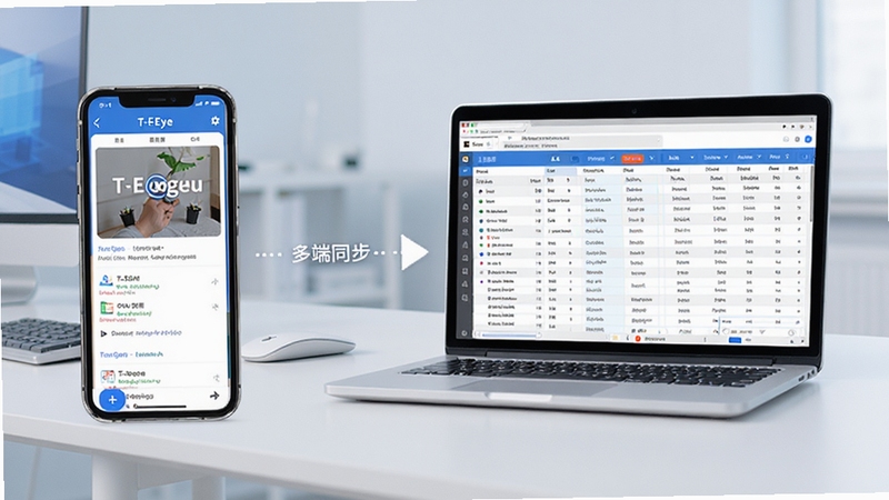 T-Eye软件多端同步示意图,画面左侧是手机显示检测记录,右侧是笔记本电脑显示数据汇总表格,中间用虚线箭头连接表示同步,背景为简洁的办公桌面,色调以蓝白为主,Boogu模型生成