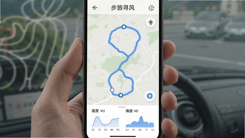 步旅寻风应用主界面展示,手机屏幕中央显示平滑的蓝色轨迹路线,背景是浅色地图,下方有速度与海拔小图表,整体风格清爽简洁