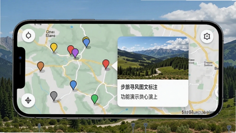 步旅寻风图文标注功能演示,手机屏幕显示地图上多个彩色标记点,点击一个标记弹出照片和文字卡片,背景为自然风景