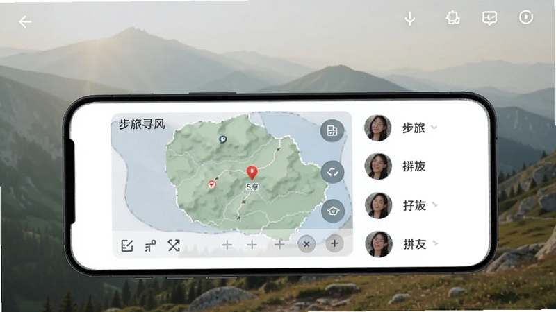 步旅寻风离线地图与共享界面,手机显示已下载区域地图和好友头像列表,背景为户外山野场景,风格柔和自然