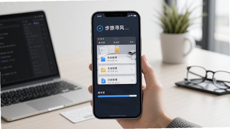 步旅寻风导出功能示意图,手机屏幕显示导出格式选项和进度条,背景为简约办公桌面,突出文件管理元素
