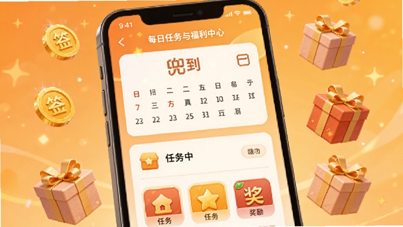 兜夹软件每日任务与福利中心界面,画面展示手机屏幕上签到日历、任务列表和奖励图标,屏幕周围漂浮着虚拟币和礼盒元素,背景为温暖的橙黄色调,突出福利氛围,适配Boogu模型生成