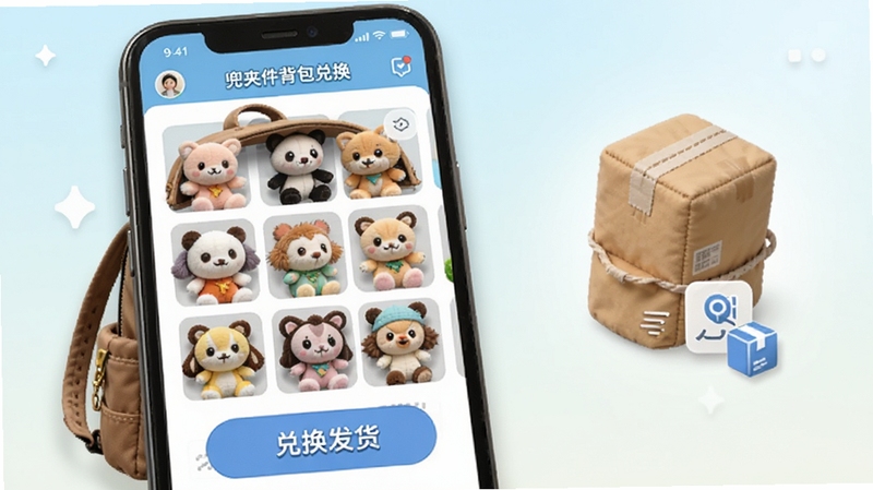 兜夹软件背包兑换页面展示,画面中手机屏幕显示着用户已抓取的各种毛绒玩偶整齐排列在背包格子中,屏幕下方有兑换发货按钮,旁边有一个快递包裹和物流追踪图标,整体风格清新明快,适配Boogu模型生成