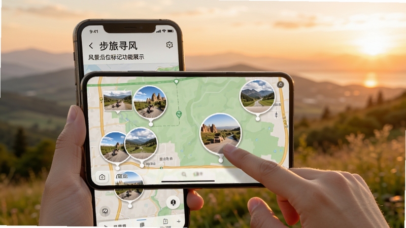 步旅寻风 风景点位标记功能展示,画面中手机屏幕显示地图上分布着多个带照片的圆形标记点,用户正在点击其中一个标记查看详情,背景为柔和暖色调的户外场景