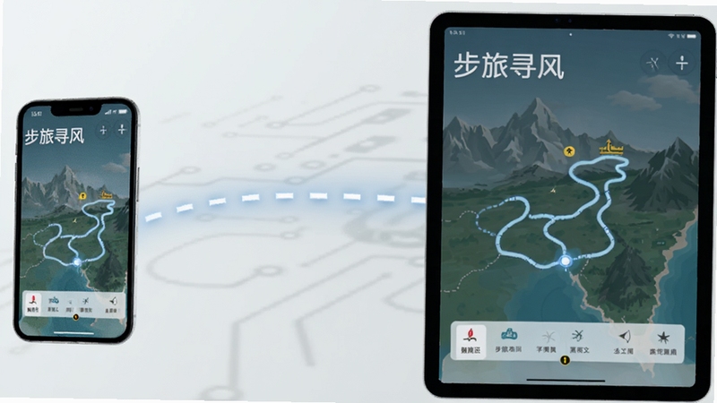 步旅寻风 多端数据同步概念图,画面左侧为手机,右侧为平板电脑,两者屏幕之间有一条发光的虚线连接,屏幕上均显示相同的旅行轨迹界面,背景为简约科技感浅灰色
