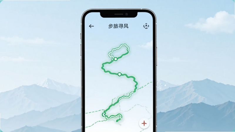步旅寻风 软件主界面展示,画面中央为手机屏幕,屏幕内显示一条蜿蜒的绿色旅行轨迹路线图,背景为淡蓝色天空与远山轮廓,整体风格清新简洁,适配Boogu模型生成