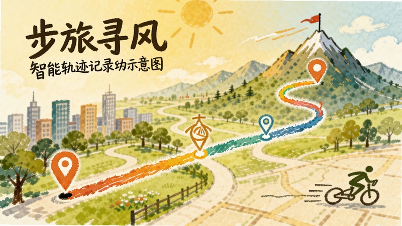 步旅寻风 智能轨迹记录功能示意图,画面展示一条从城市公园延伸到山顶的彩色轨迹线,沿途标注有起点、途经点与终点图标,背景为手绘风格地图,整体色调温暖明亮