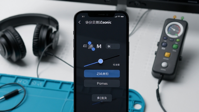 分贝测试sonic软件设置界面,手机屏幕展示校准滑块与选项按钮,背景是简约的科技风格工作台,有耳机和声级计参照物,软件名称分贝测试sonic在屏幕顶部,画面干净利落