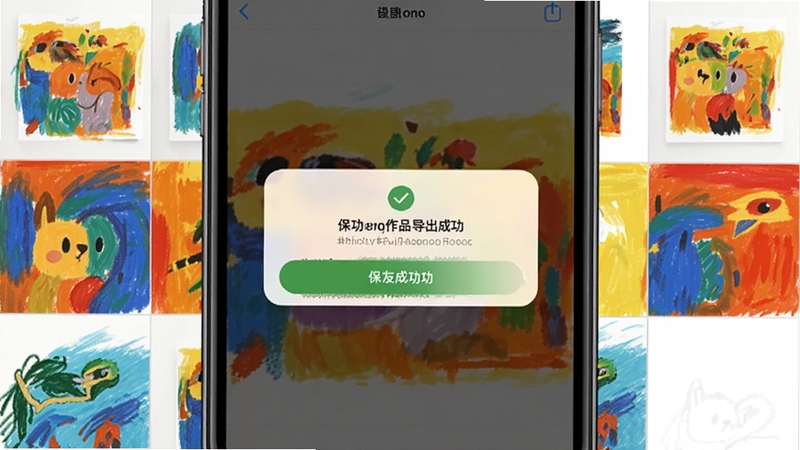 画板painting作品导出流程示意图,手机屏幕显示保存成功的提示弹窗,背景是相册里刚刚保存的彩色画作,画面明亮清晰