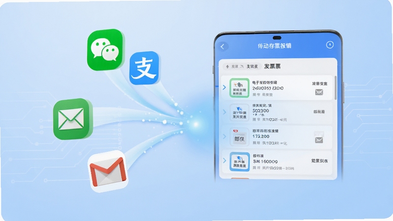 电子发票存查报销的多渠道导入界面,手机屏幕展示微信、支付宝、邮箱等图标汇聚到发票列表的动画效果,背景为淡蓝色科技感渐变,突出便捷导入功能