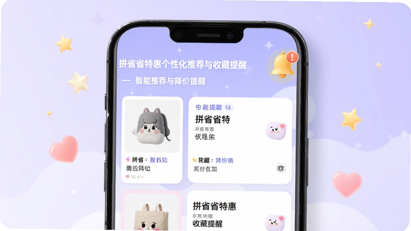 拼省省特惠个性化推荐与收藏提醒界面,手机屏幕中显示商品卡片列表与铃铛提醒图标,背景为浅紫色渐变,有星星和爱心点缀,画面柔和时尚,突出智能推荐与降价提醒功能