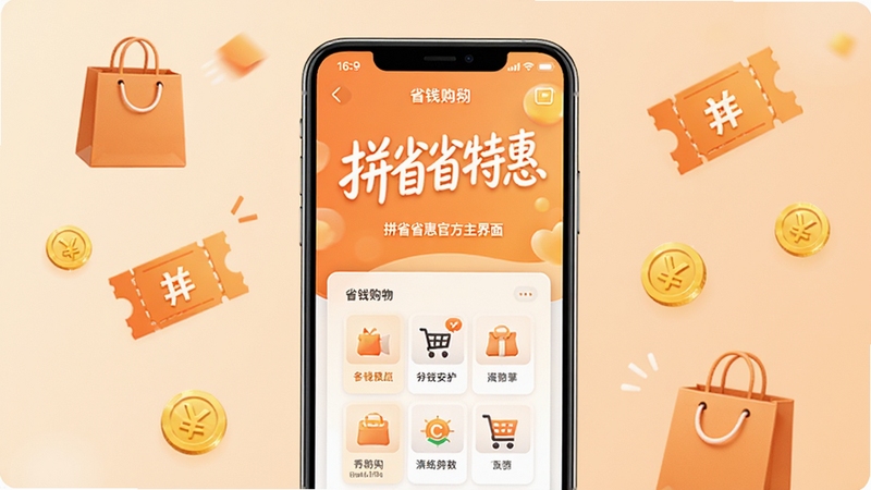 拼省省特惠官方主界面全貌展示,手机屏幕居中放置,背景为柔和的浅橙色渐变,周围点缀购物袋、优惠券、金币等图标,整体风格简洁明快,突出省钱购物主题,画面比例为16:9,高清质感
