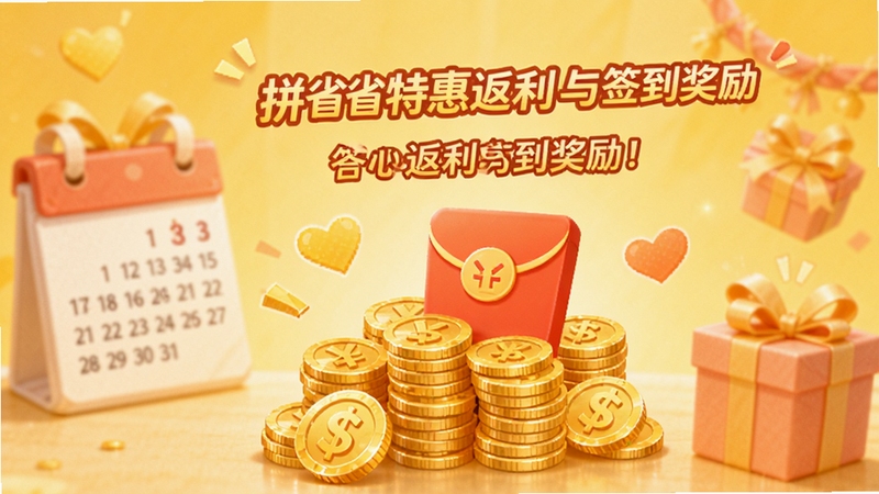 拼省省特惠购物返利与签到奖励页面,手机屏幕中显示金币堆叠和红包图标,背景为暖黄色,有日历和礼物盒元素,画面活泼温馨,突出返利与签到奖励的实惠感