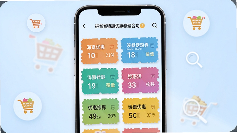 拼省省特惠优惠券聚合功能界面,手机屏幕中显示多张不同颜色的优惠券整齐排列,背景为淡蓝色,有购物车和放大镜图标点缀,画面明亮清新,突出海量优惠券和便捷搜索的特点