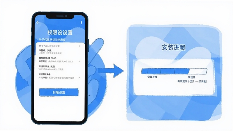 叶子代售移动端使用教程示意图,手机屏幕显示权限设置页面和安装进度条,画面采用扁平化插画风格,配色以蓝白为主,清晰展示操作步骤