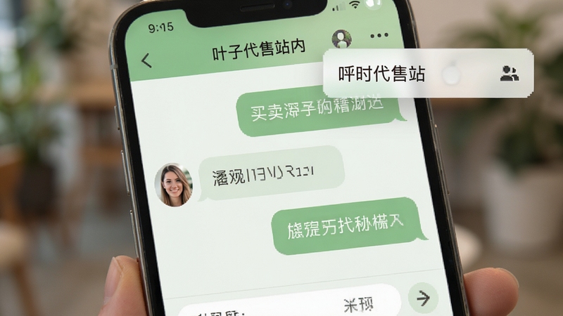 叶子代售站内聊天窗口,展示买卖双方对话气泡,界面采用柔和的绿色主题,手机屏幕边缘有消息通知弹窗,背景虚化处理,突出沟通的即时性与便捷感