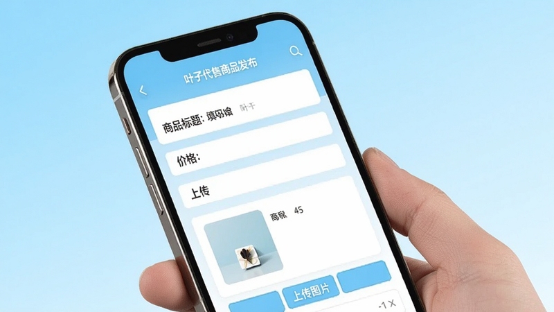 叶子代售商品发布界面,手机屏幕展示填写商品标题、价格和上传图片的表单,背景为清爽的浅蓝色渐变,画面简洁明亮,突出移动端操作的便捷性